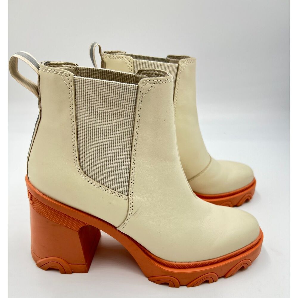 Sorel Women's Brex Heel Chelsea Cream Leather Ankle Boot Sz 9 Waterproof Chunky